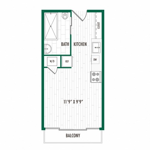 Floor plan for studio, 1 bath, 348 sqft